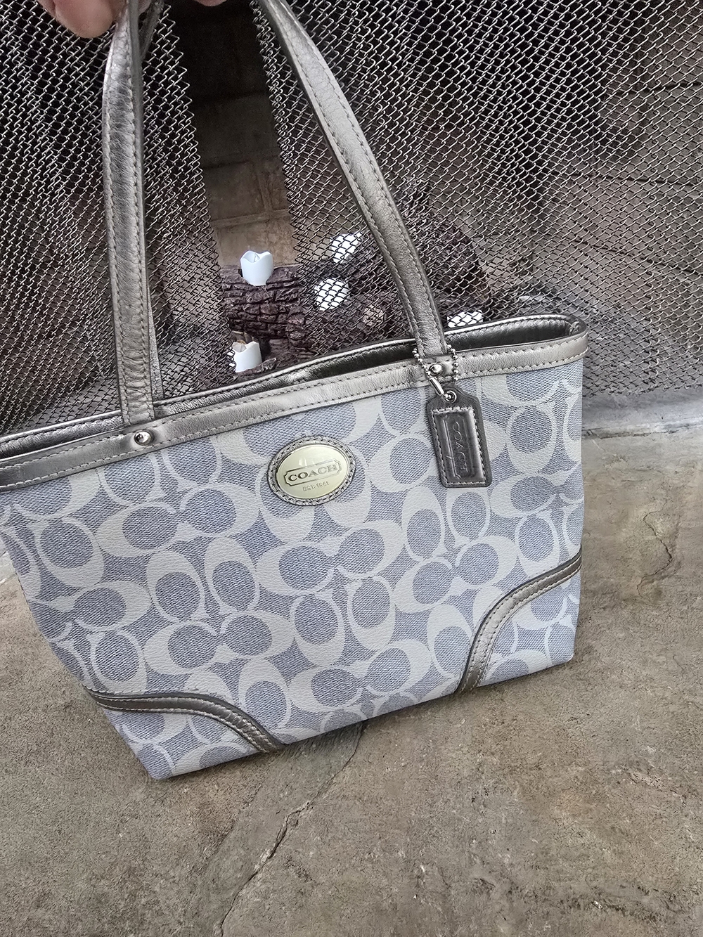 COACH Ice Blue and Silver Signature Canvas Tote Bag